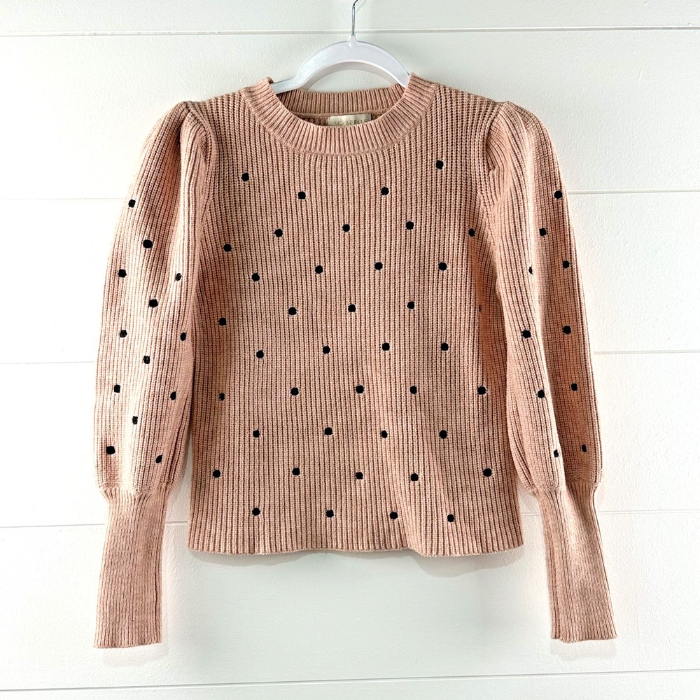 Polka Dot Ribbed Pullover Knit Sweater Top Women Pink Black French Puff Sleeve